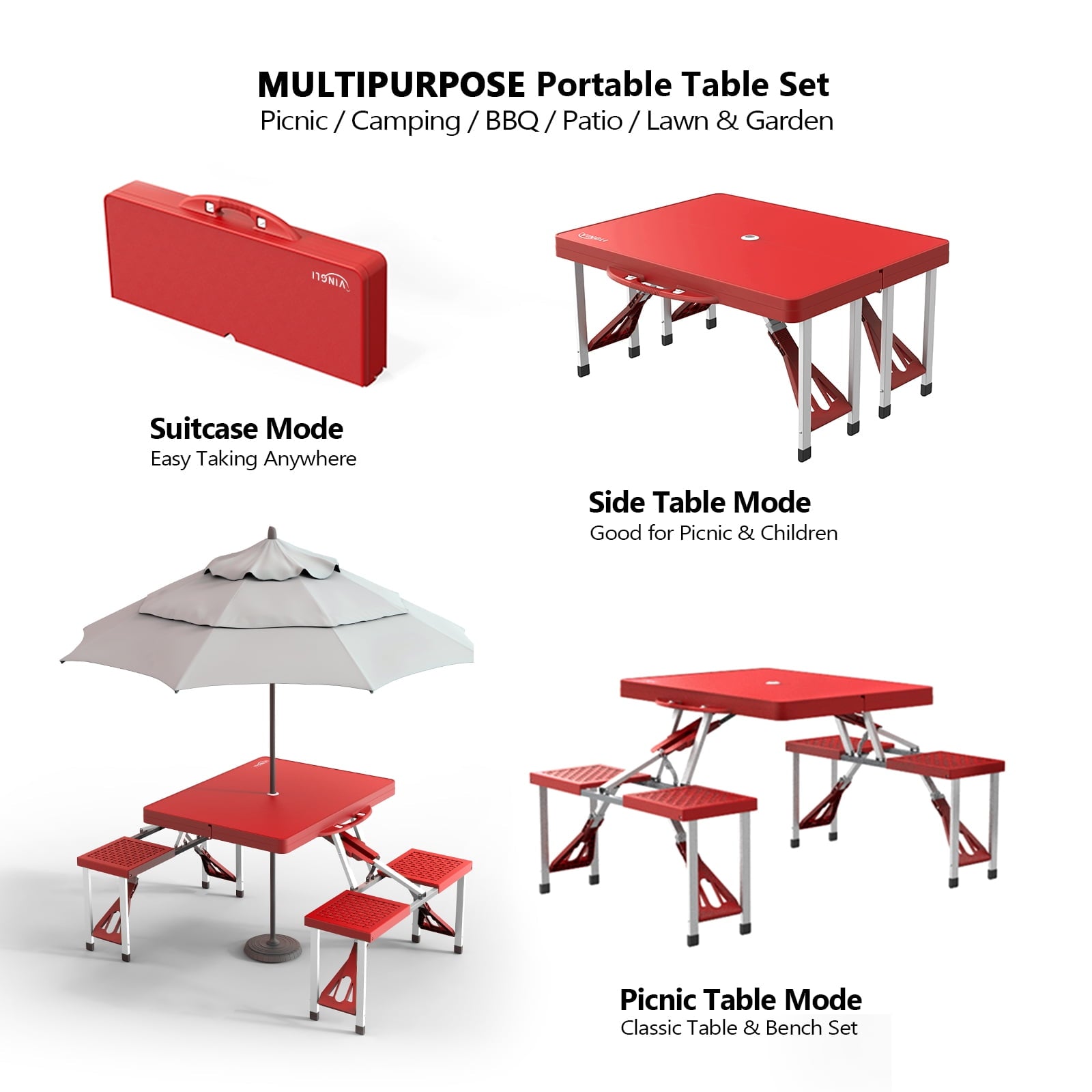 Ktaxon Portable Folding Picnic Table With 4-Person Chair Seats, Foldable Plastics Camping Table Set, Red