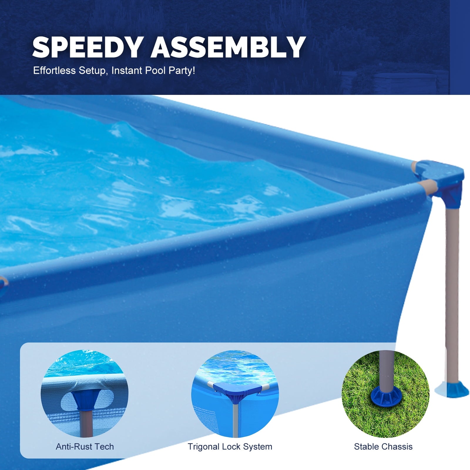 Honeydrill 6.2ft x 4.2ft x 16.5in Rectangular Metal Frame Above Ground Swimming Pool for Family, Blue