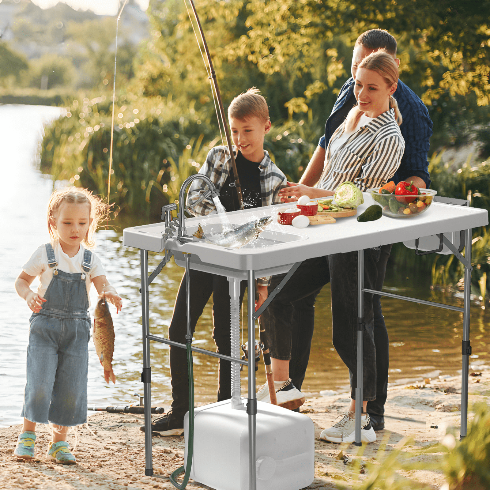 EVOKEDEN 42.5 Fish Cleaning Table w/ Sink, Folding Camping Table & Fish Cleaning Station w/ Measure Mark