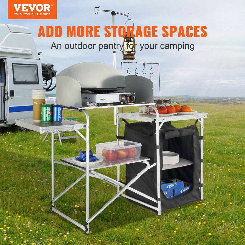 VEVOR Camping Kitchen Table, Quick set-up Folding Camping Table with A Carrying Bag, 3 Adjustable Heights, MDF Camping Table, Ideal for Outdoor Picnics, BBQs, Camping, RV Traveling