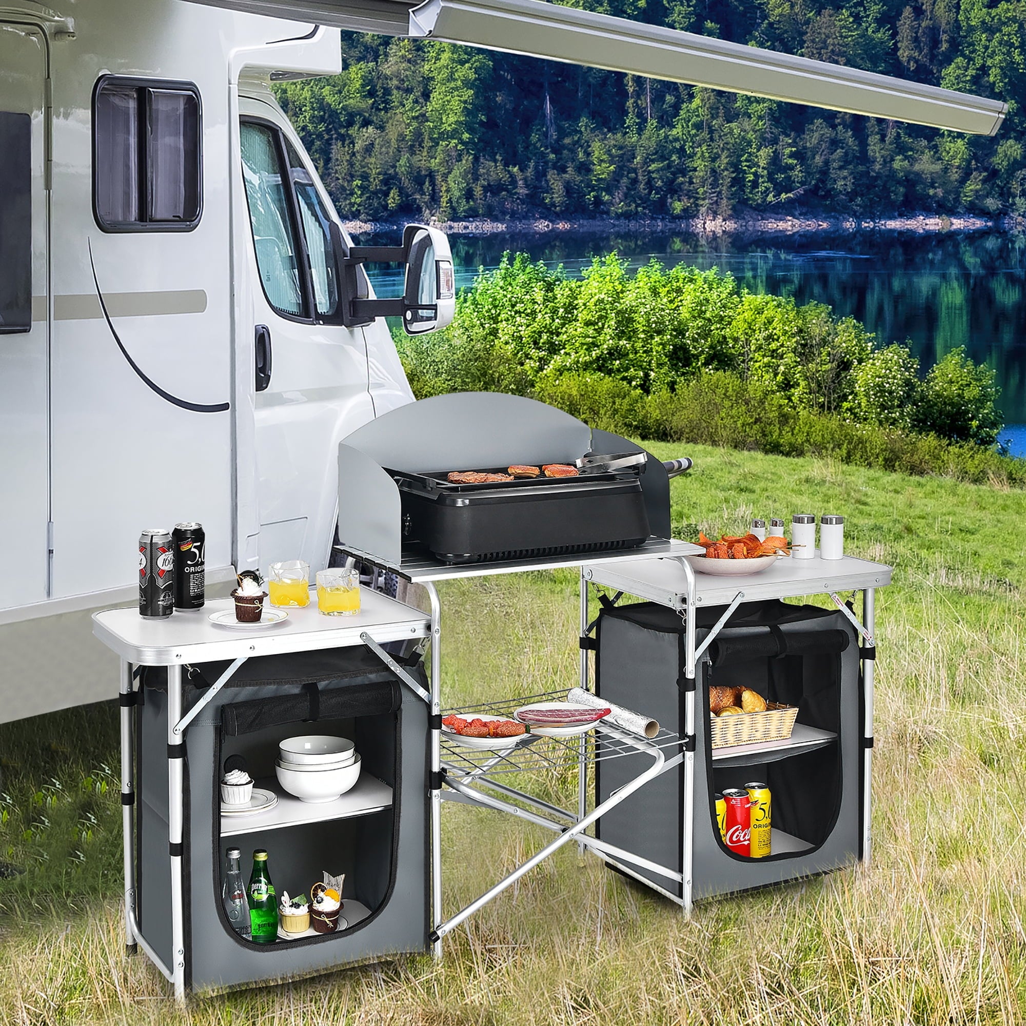 Costway Folding Portable Aluminum Camping Grill Table w/ Storage Organizer Windscreen Grey