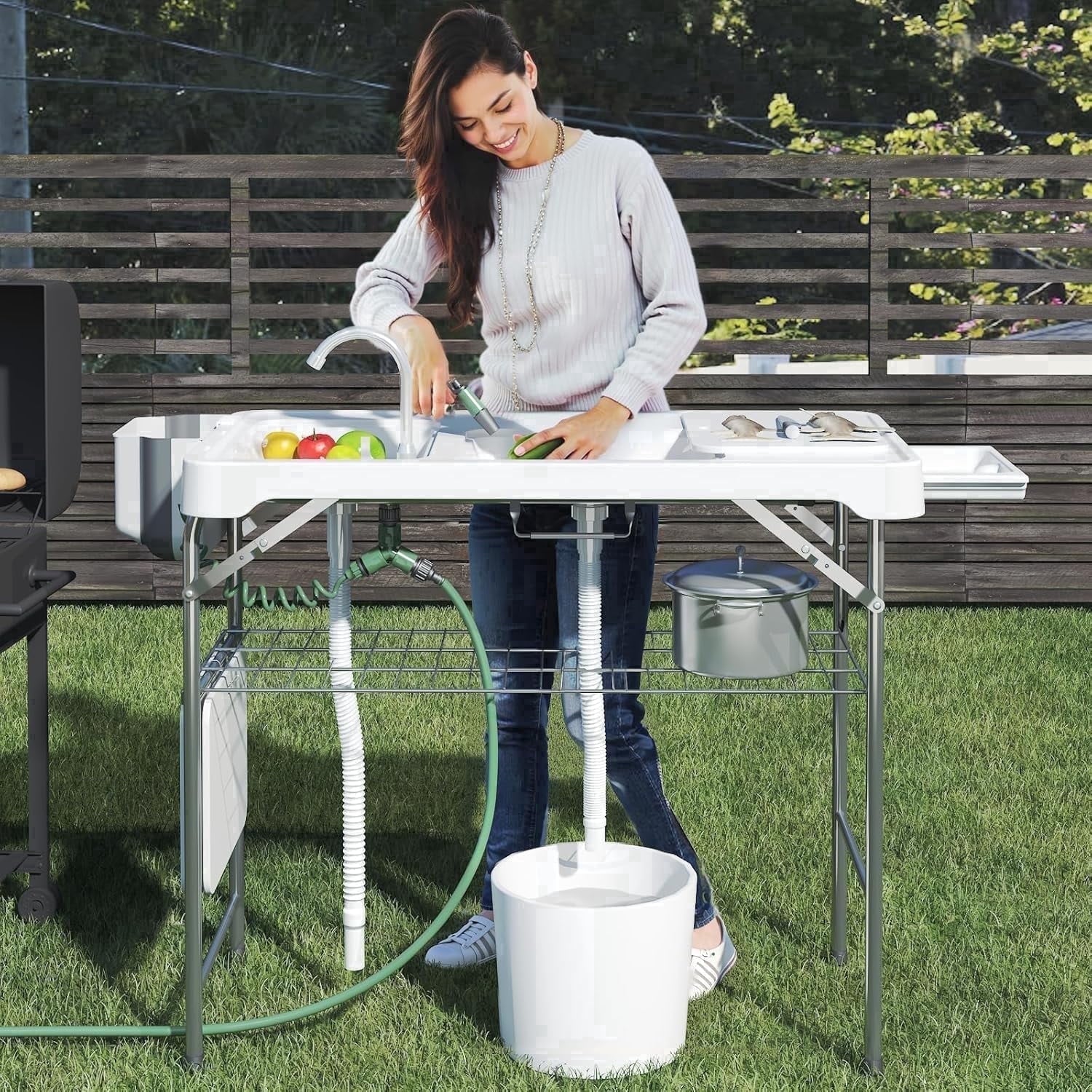 EVOKEDEN 42.5 Fish Cleaning Table w/ Sink, Folding Camping Table & Fish Cleaning Station w/ Measure Mark
