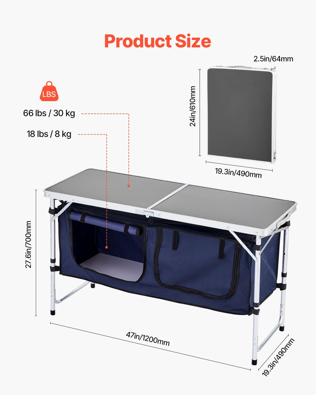 VEVOR Camping Kitchen Table, Quick set-up Folding Camping Table with A Carrying Bag, 3 Adjustable Heights, MDF Camping Table, Ideal for Outdoor Picnics, BBQs, Camping, RV Traveling