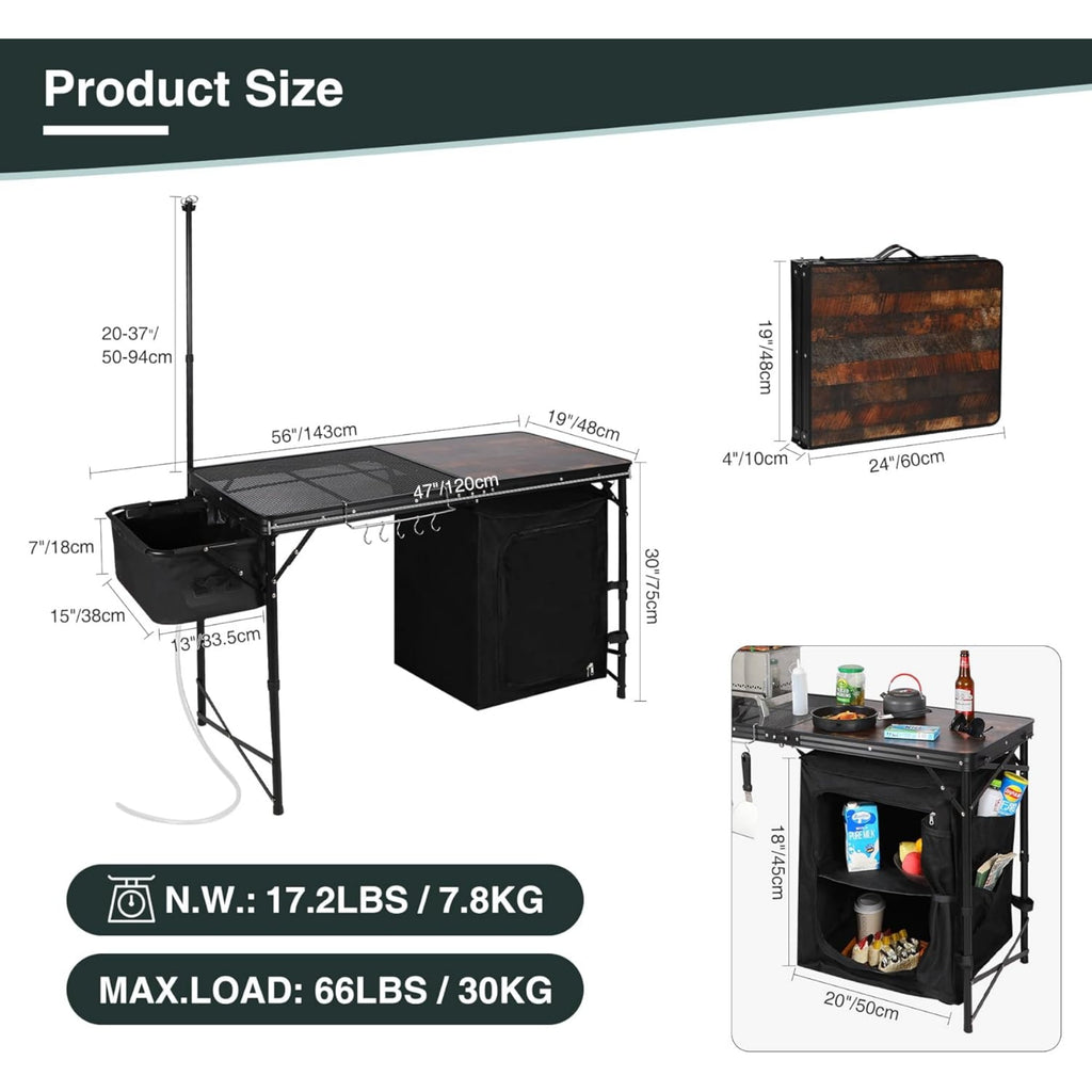 REDCAMP Extra Long Camping Kitchen Tri-Fold Table with Storage Organizer, Folding Camping Cook Station Grill Table Portable for Party Courtyard Picnic