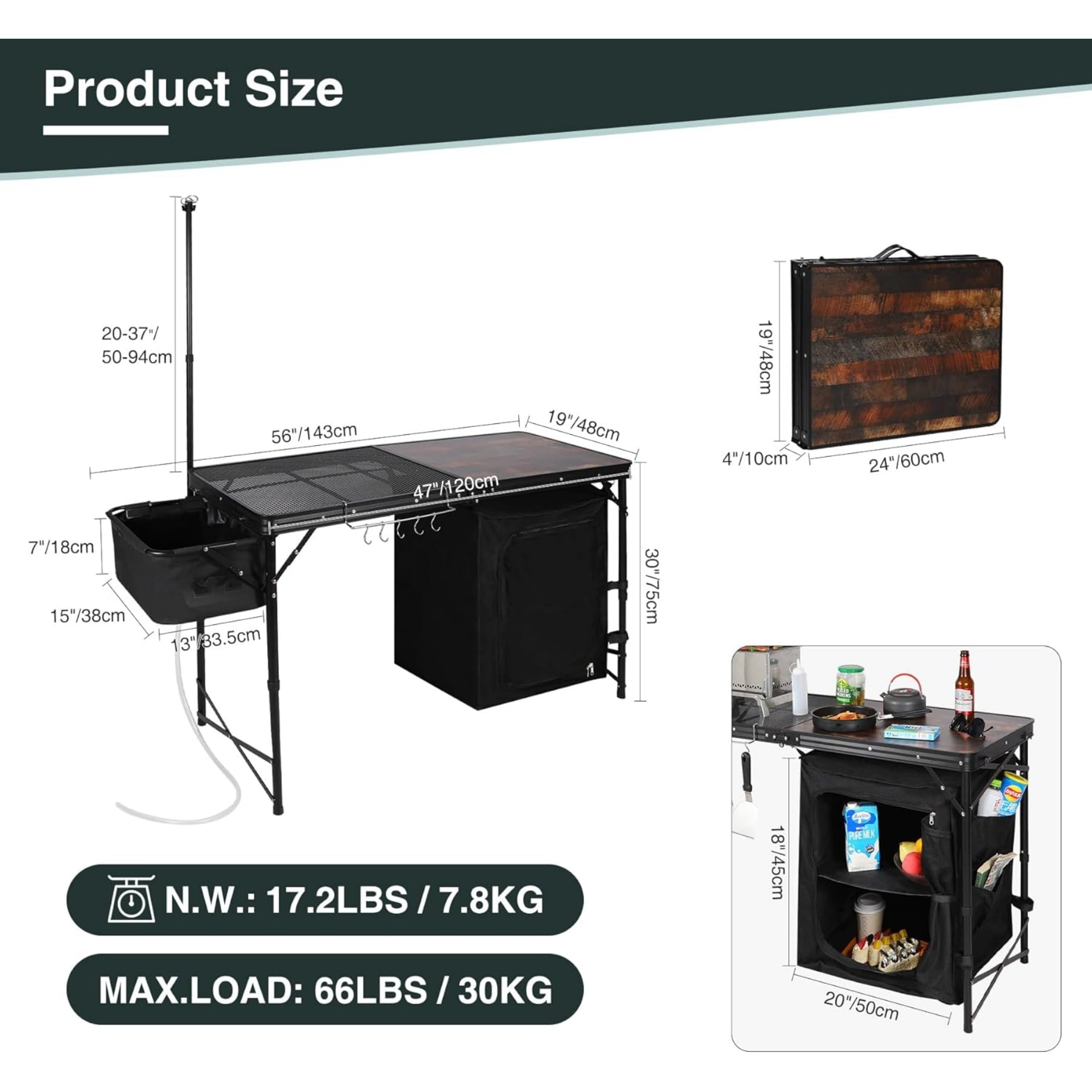 REDCAMP Extra Long Camping Kitchen Tri-Fold Table with Storage Organizer, Folding Camping Cook Station Grill Table Portable for Party Courtyard Picnic