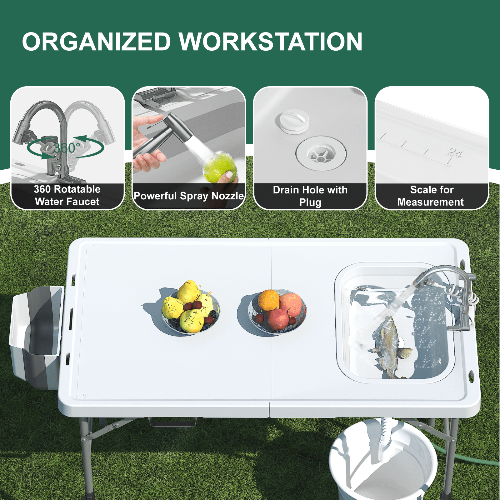 EVOKEDEN 42.5 Fish Cleaning Table w/ Sink, Folding Camping Table & Fish Cleaning Station w/ Measure Mark