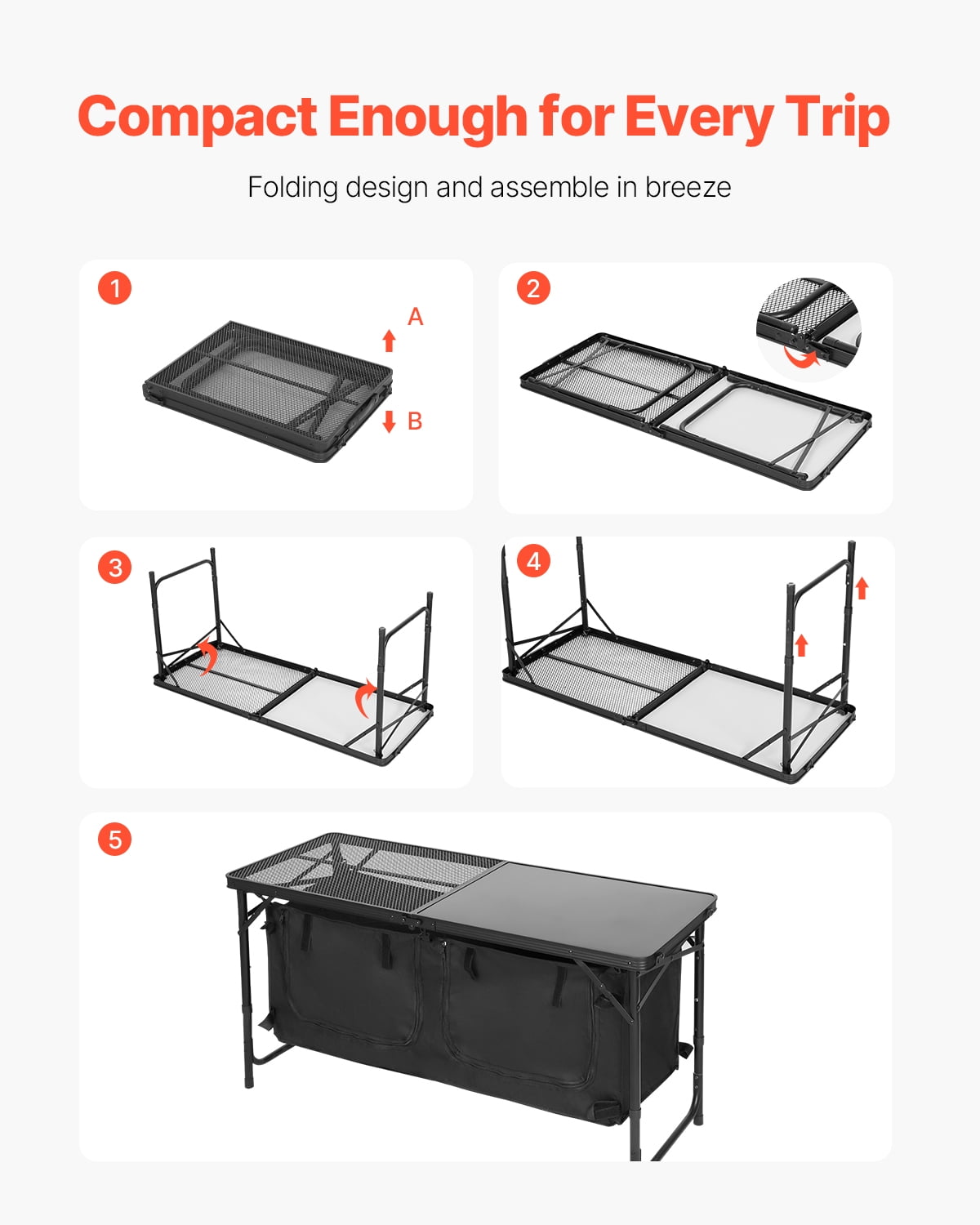 VEVOR Camping Kitchen Table, Quick set-up Folding Camping Table with A Carrying Bag, 3 Adjustable Heights, MDF Camping Table, Ideal for Outdoor Picnics, BBQs, Camping, RV Traveling