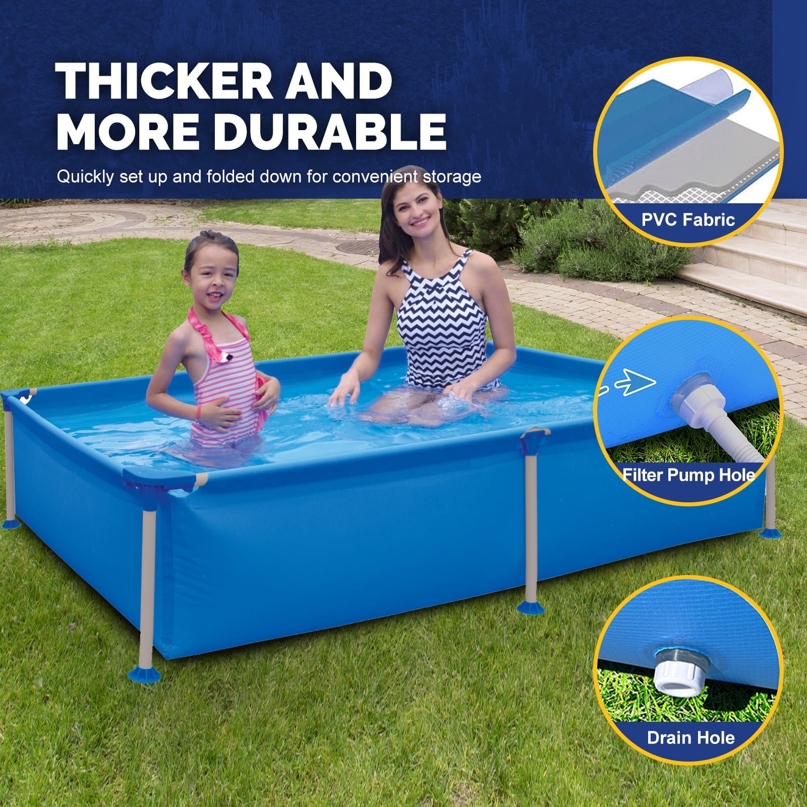 Honeydrill 6.2ft x 4.2ft x 16.5in Rectangular Metal Frame Above Ground Swimming Pool for Family, Blue