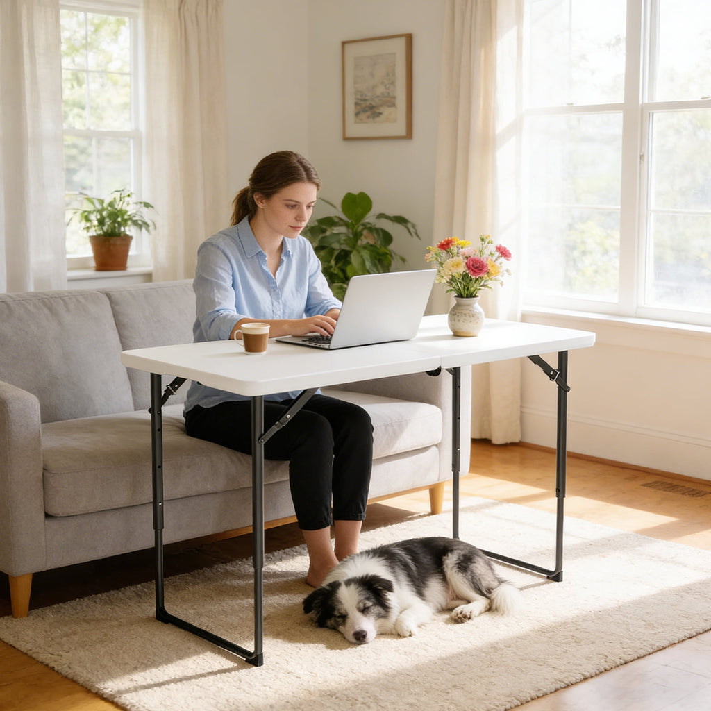 WASUHE Folding Table 4 FT Lightweight Table, Fold-in-Half Plastic Rectangular Table Metal Legs, Easy to Store, Perfect for Party, Dining, Wedding, Events, White