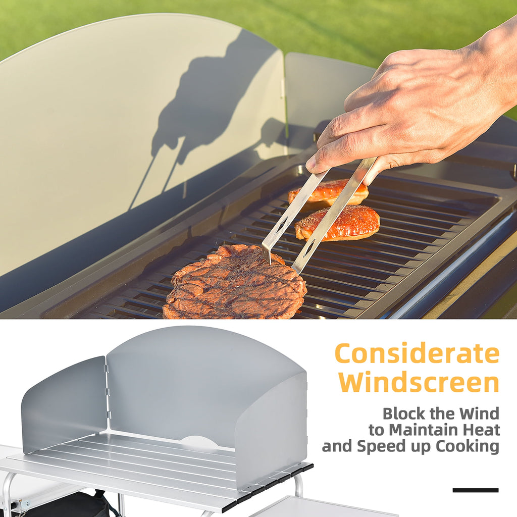 Costway Folding Portable Aluminum Camping Grill Table w/ Storage Organizer Windscreen Grey