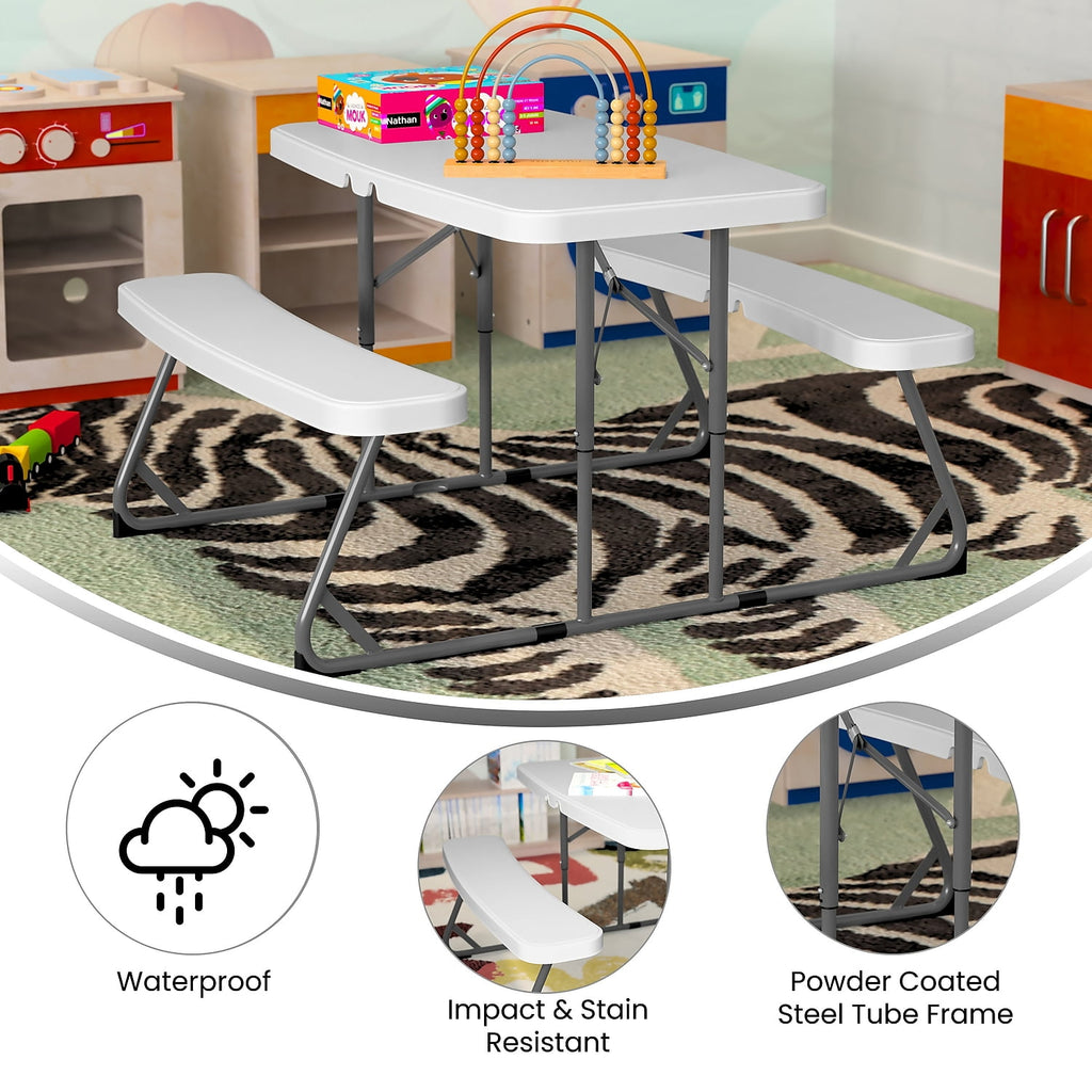 BizChair Easy-Fold Gray Folding Plastic Kids Outdoor Picnic Table and Benches - Commercial Grade - Seating for 4 Kids