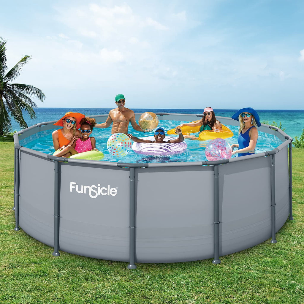 Funsicle Oasis Above Ground Metal Frame Swimming Pool Set – with FB1200S AutoSkimmer Pump, Ladder, Cover, Cloth & Deluxe Maint. Kit, 14' x 48, Round, Gray