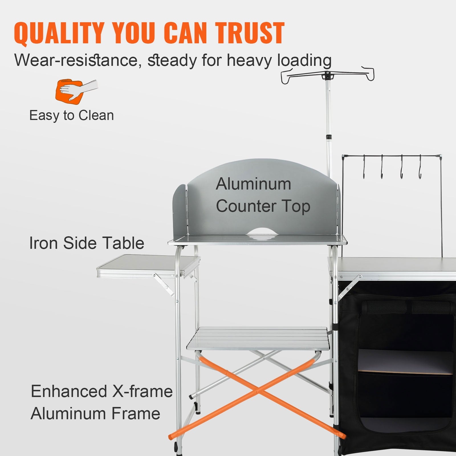 KFFKFF Portable Camp Kitchen, Collapsible Outdoor Chef Station with Storage Bag, Metal Prep Area, Single Cabinet & Removable Wind Guard, Easy Assembly for Camping, Barbecues, RV Trips, Black