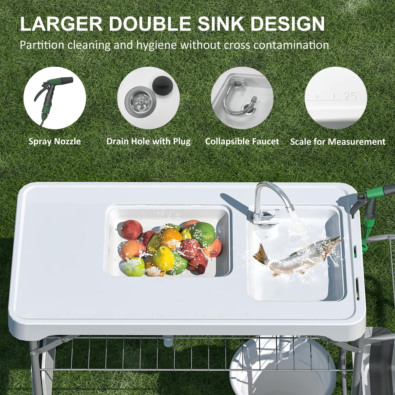 EVOKEDEN 42.5 Fish Cleaning Table w/ Sink, Folding Camping Table & Fish Cleaning Station w/ Measure Mark