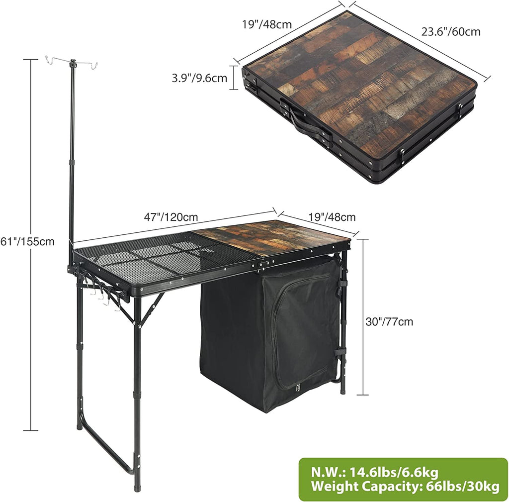 REDCAMP Extra Long Camping Kitchen Tri-Fold Table with Storage Organizer, Folding Camping Cook Station Grill Table Portable for Party Courtyard Picnic
