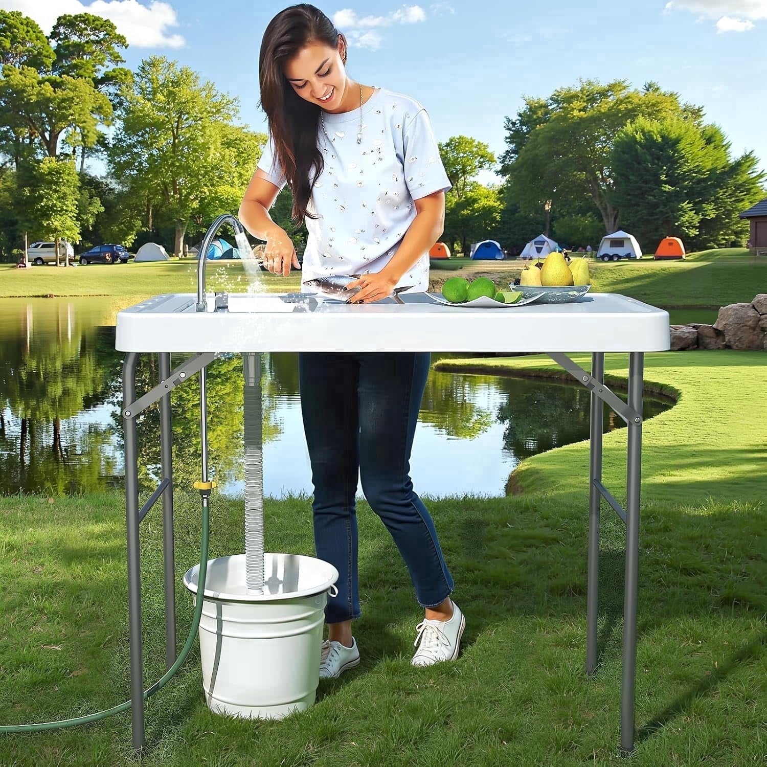 EVOKEDEN 42.5 Fish Cleaning Table w/ Sink, Folding Camping Table & Fish Cleaning Station w/ Measure Mark