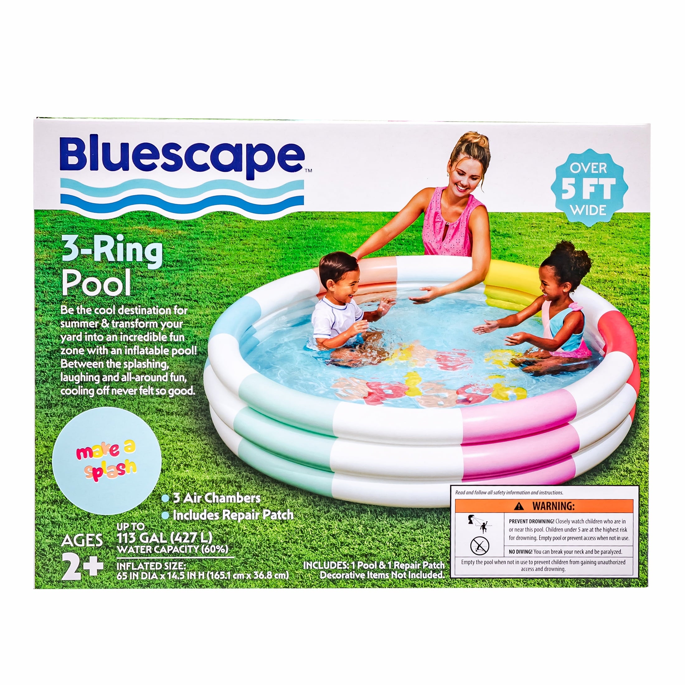 Bluescape Colorful Mermaid Print 3-Ring Inflatable Swimming Pool for Kids, Round, Age 2 & up, Unisex