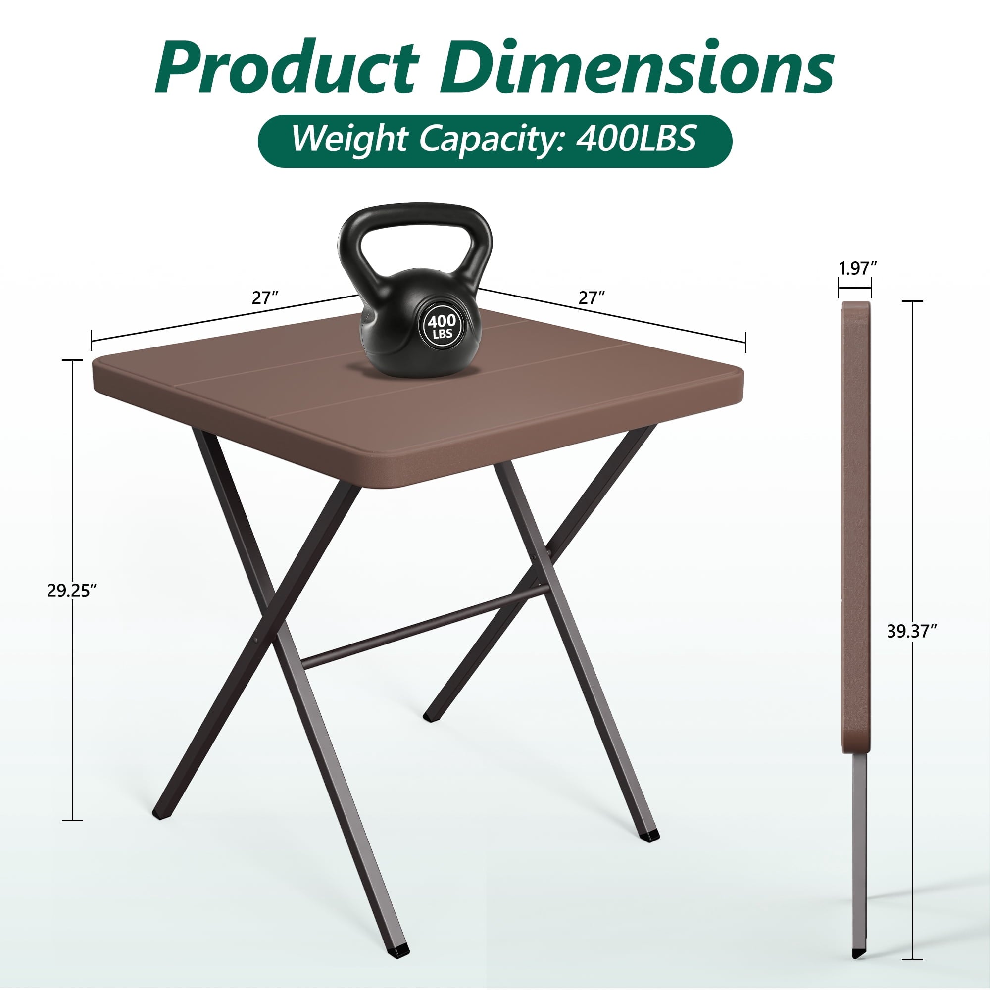 WLLJOY 27 Inch Patio Coffee Folding Table, Firm Utility Square Tea Table, Metal Rust-Proof Frame, for Patio, Garden, Picnic, Outside Portable Brown