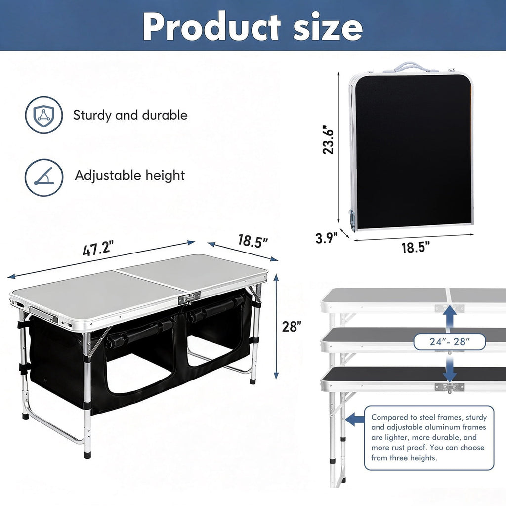 Acpouw 4 ft Folding Camping Table with Storage, Camping Kitchen Station, Aluminum Portable Folding Table Camp Cook Desk with Storage Organizer and 2 Adjustable feet, White