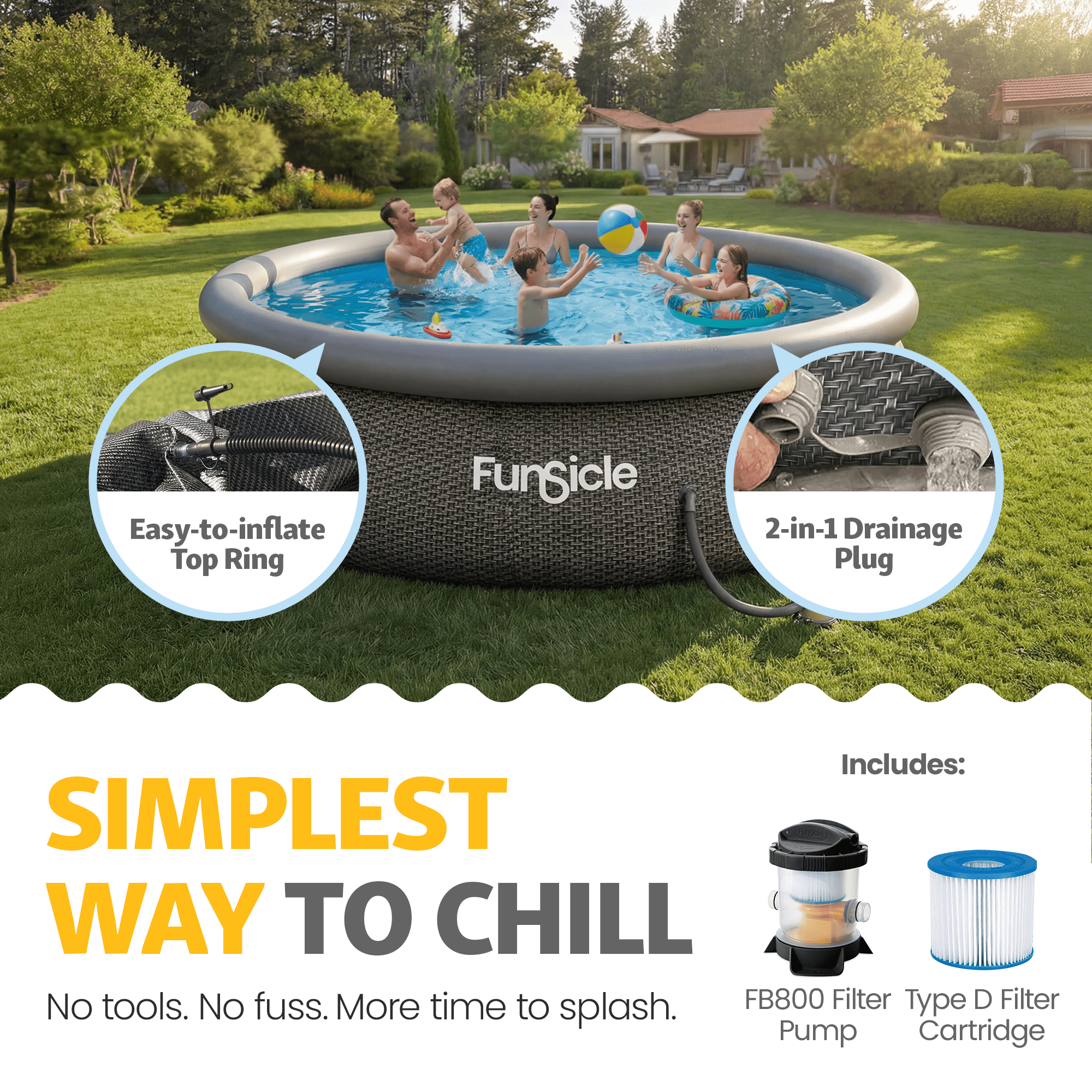 Funsicle Quickset 14’ x 36” Round Inflatable Top Ring Above Ground Swimming Pool Set