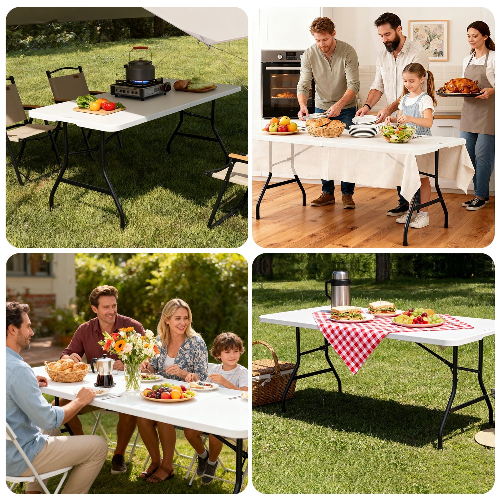 WASUHE Folding Table 4 FT Lightweight Table, Fold-in-Half Plastic Rectangular Table Metal Legs, Easy to Store, Perfect for Party, Dining, Wedding, Events, White