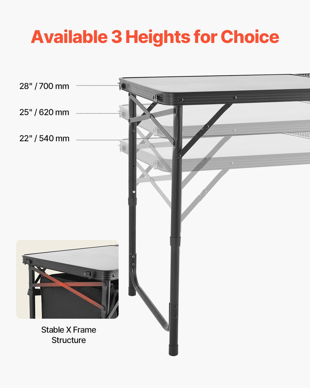 VEVOR Camping Kitchen Table, Quick set-up Folding Camping Table with A Carrying Bag, 3 Adjustable Heights, MDF Camping Table, Ideal for Outdoor Picnics, BBQs, Camping, RV Traveling