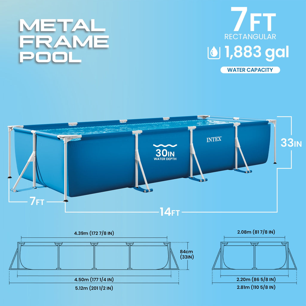 INTEX Rectangular Frame 14ft x 33in Above Ground Swimming Pool w/ Pump
