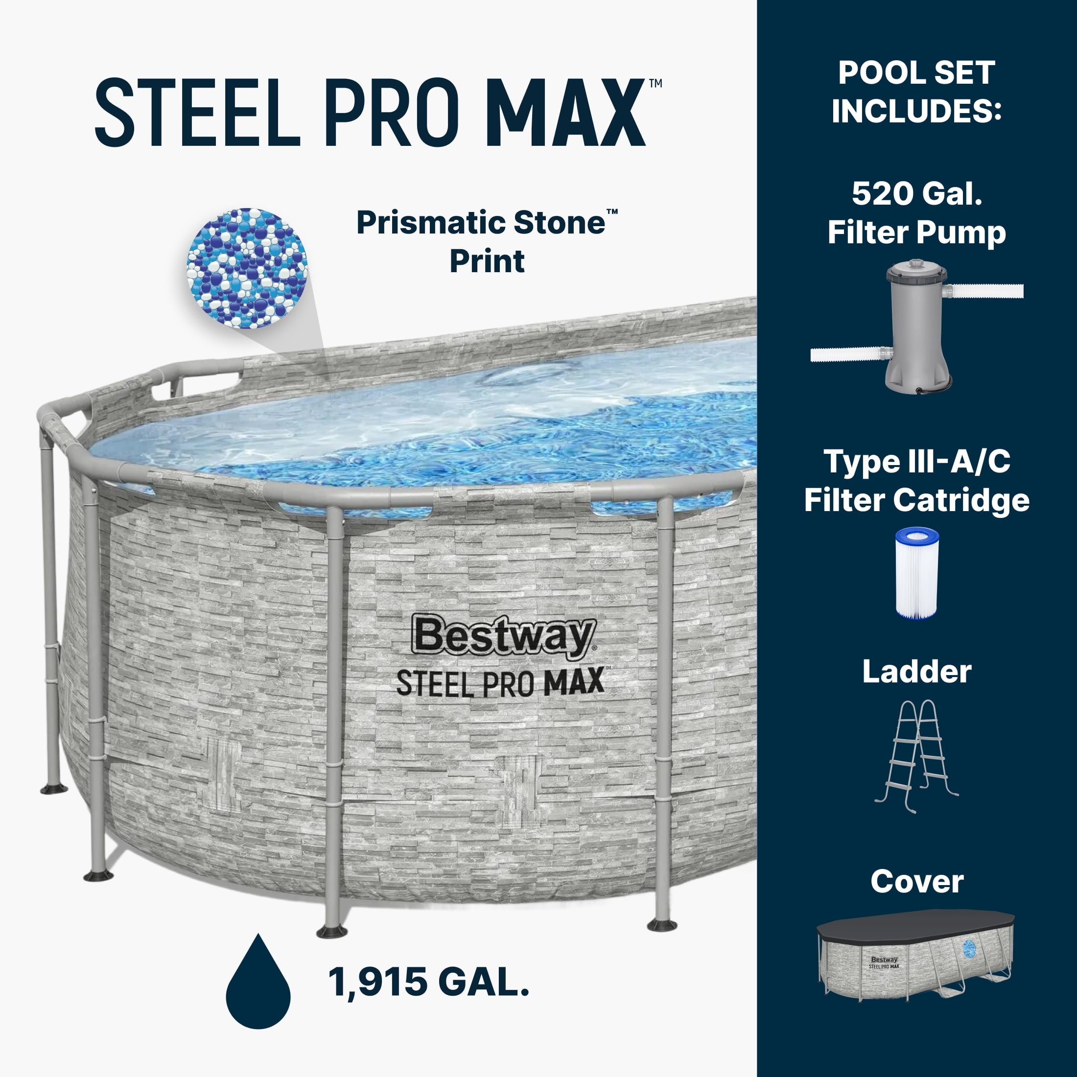 Bestway Power Steel Swim Vista 14’ x 8'2 x 39.5” Metal Frame Above Ground Pool, Stone