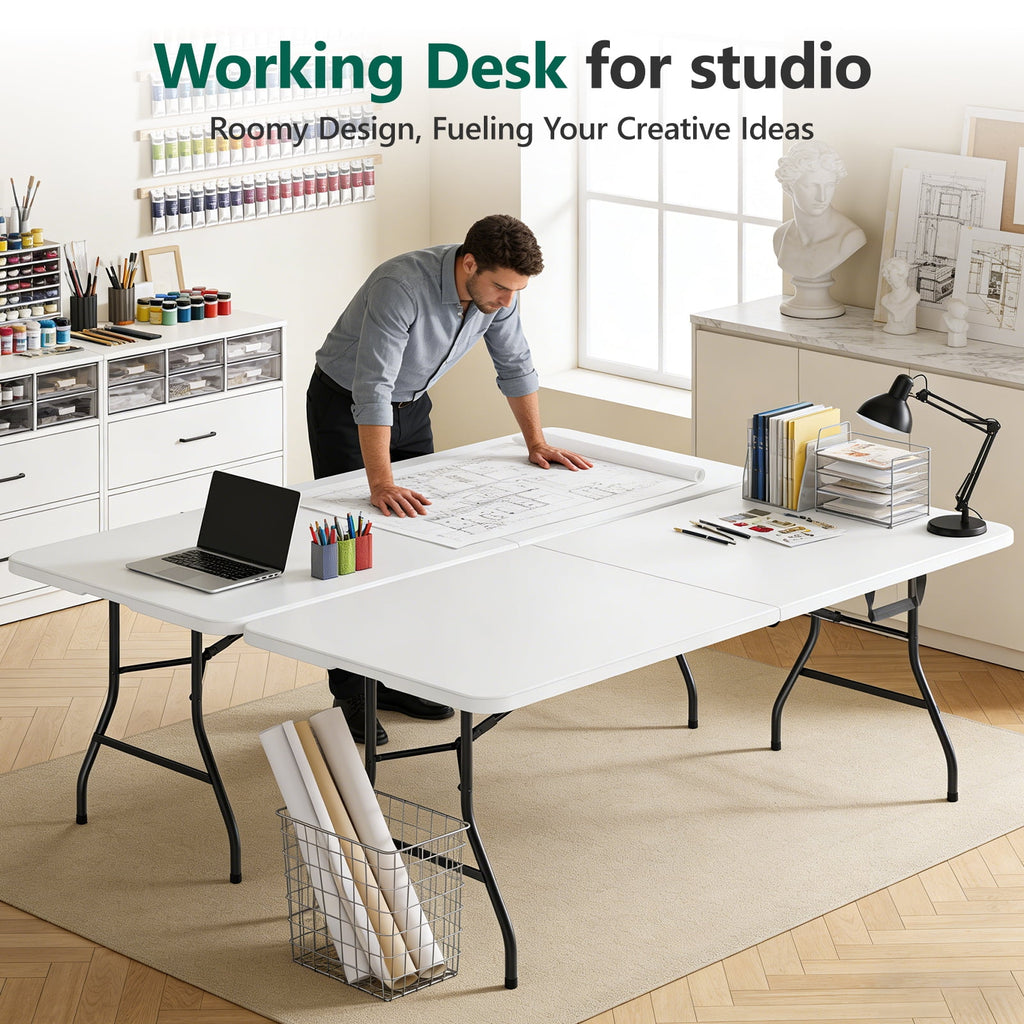 WASUHE Folding Table 4 FT Lightweight Table, Fold-in-Half Plastic Rectangular Table Metal Legs, Easy to Store, Perfect for Party, Dining, Wedding, Events, White