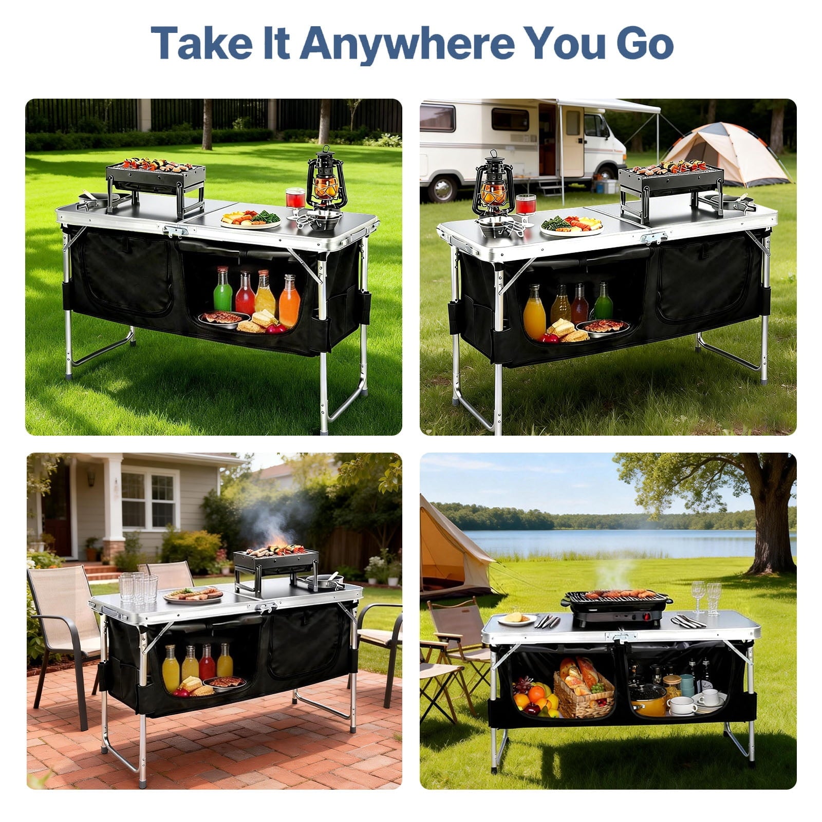 Acpouw 4 ft Folding Camping Table with Storage, Camping Kitchen Station, Aluminum Portable Folding Table Camp Cook Desk with Storage Organizer and 2 Adjustable feet, White
