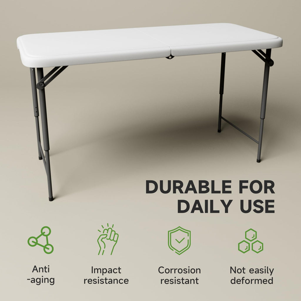 Folding Table 4 Foot - 3-Position Adjustable Height, Heavy Duty 400 lbs Capacity - Portable Tables Folding for Camping, Party, Indoor & Outdoor Use, 1 Pack