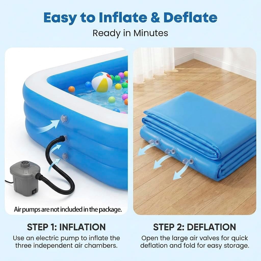Hurber Foldable Swimming Pool, Large Non-Inflatable Adults Kiddie Outdoor Pools, Blue, 113 x 66 x 20