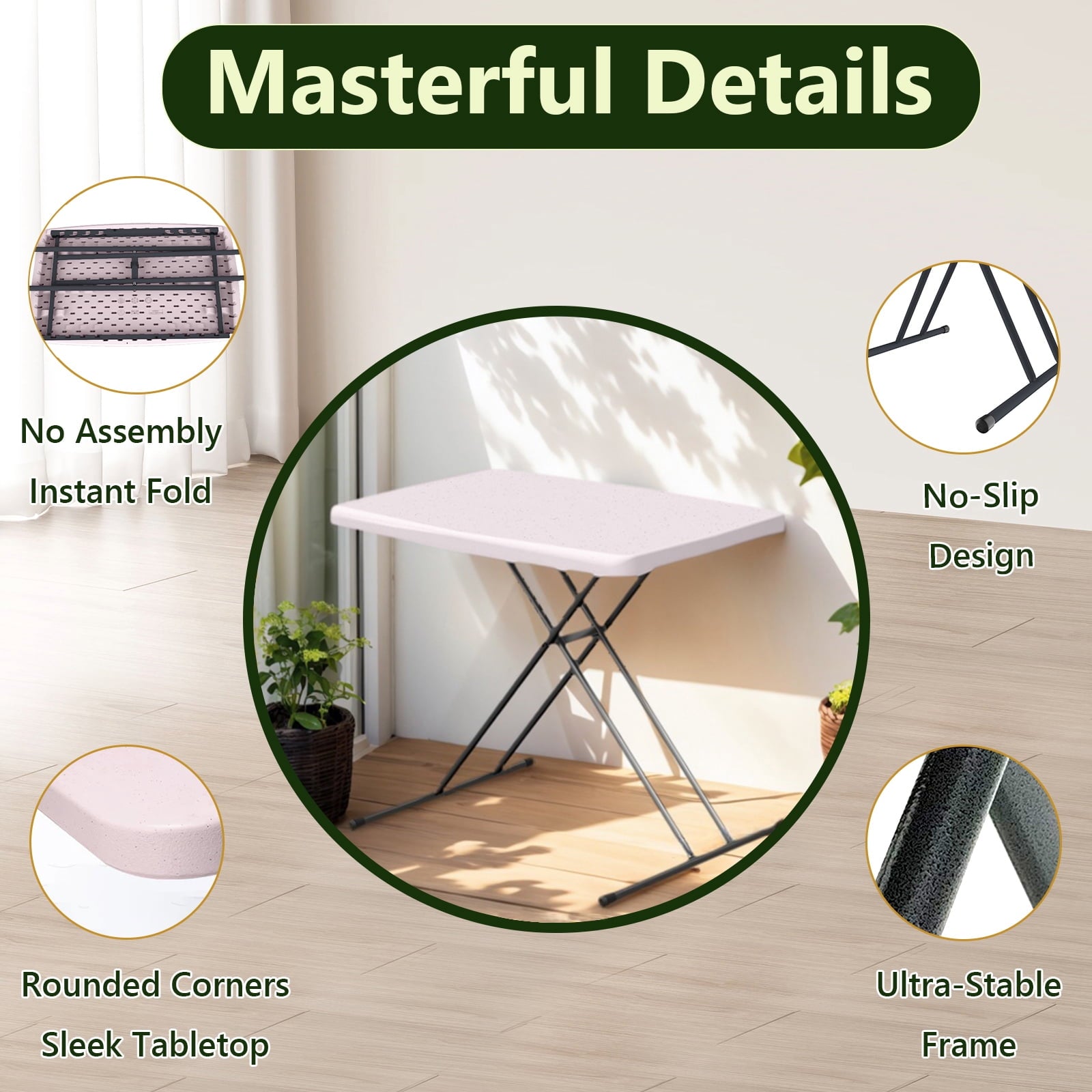 WASUHE 30 Small Folding Table, Height Adjustment Tv Tray Table, Practical Portable Tv Dinner Table for Eating, Sofa, Indoor/Outdoor, White