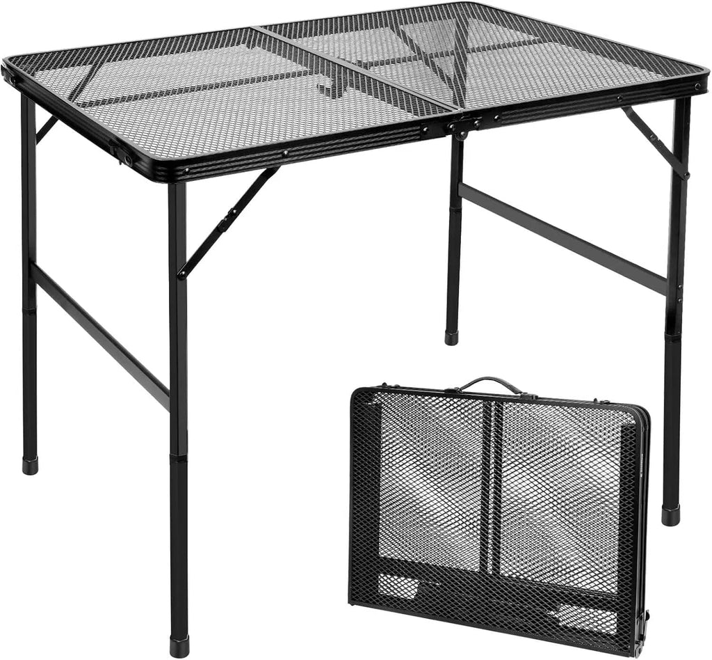 3FT Camping Folding Table with Adjustable Height(16.5/26), Black Metal Mesh Table with Carry Handle, Lightweight Portable Folding Grill Table for Camping Tailgating BBQ Picnic Indoor, up to 66 lbs
