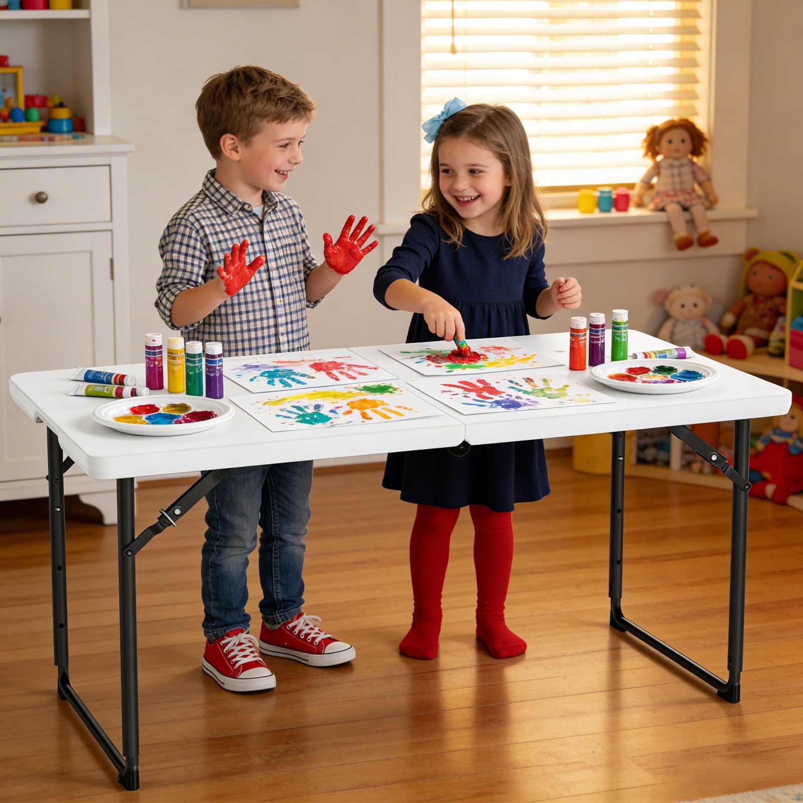WASUHE Folding Table 4 FT Lightweight Table, Fold-in-Half Plastic Rectangular Table Metal Legs, Easy to Store, Perfect for Party, Dining, Wedding, Events, White