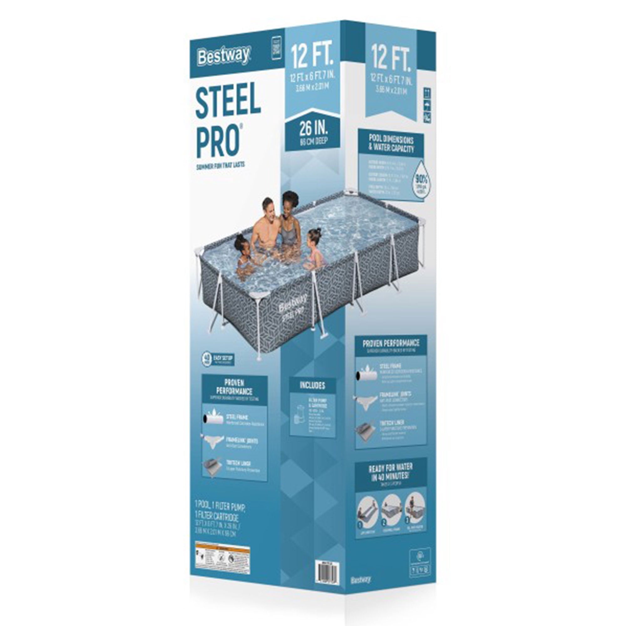Bestway Steel Pro Rectangle Above Ground Pool Set, 12' x 6'7 x 26
