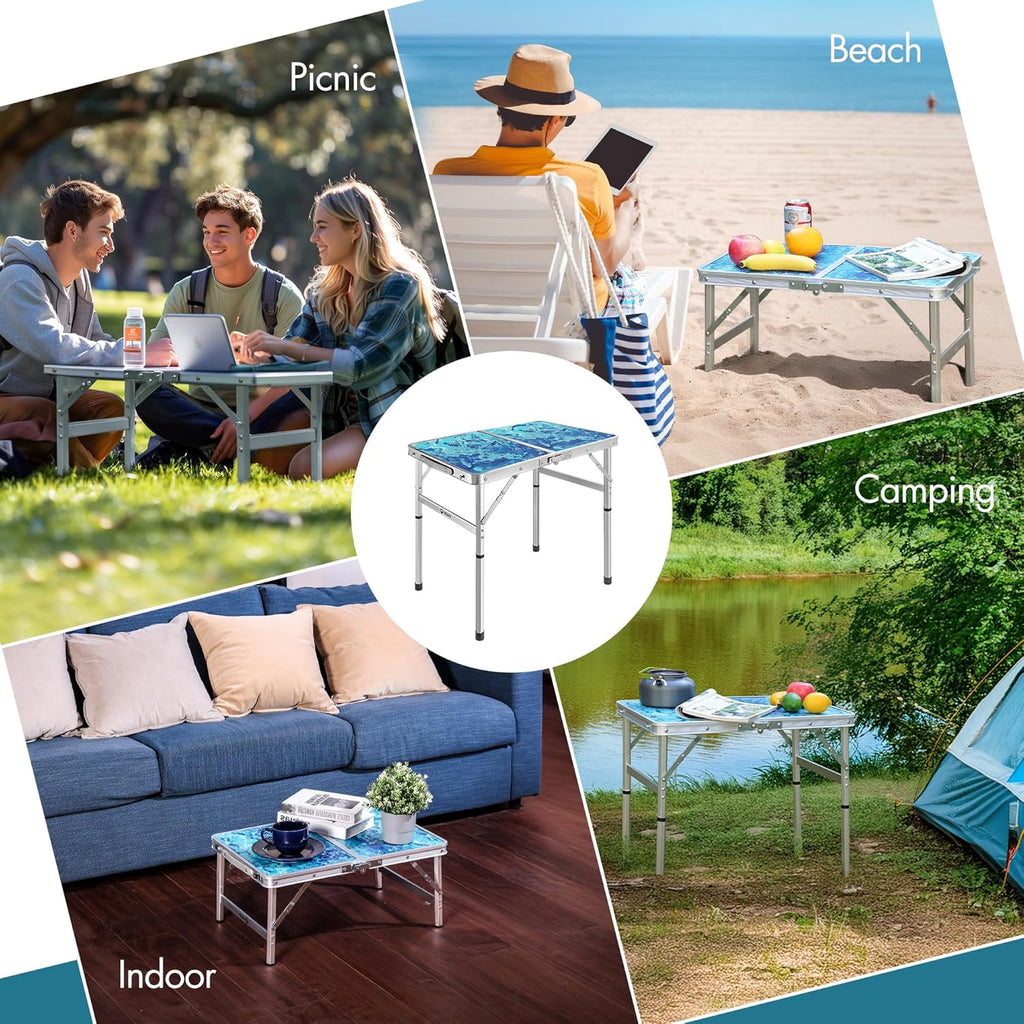VILLEY Folding Camping Table 2FT, Adjustable Height Portable Aluminum Picnic Table with Carry Handle for Outdoor, BBQ, Beach