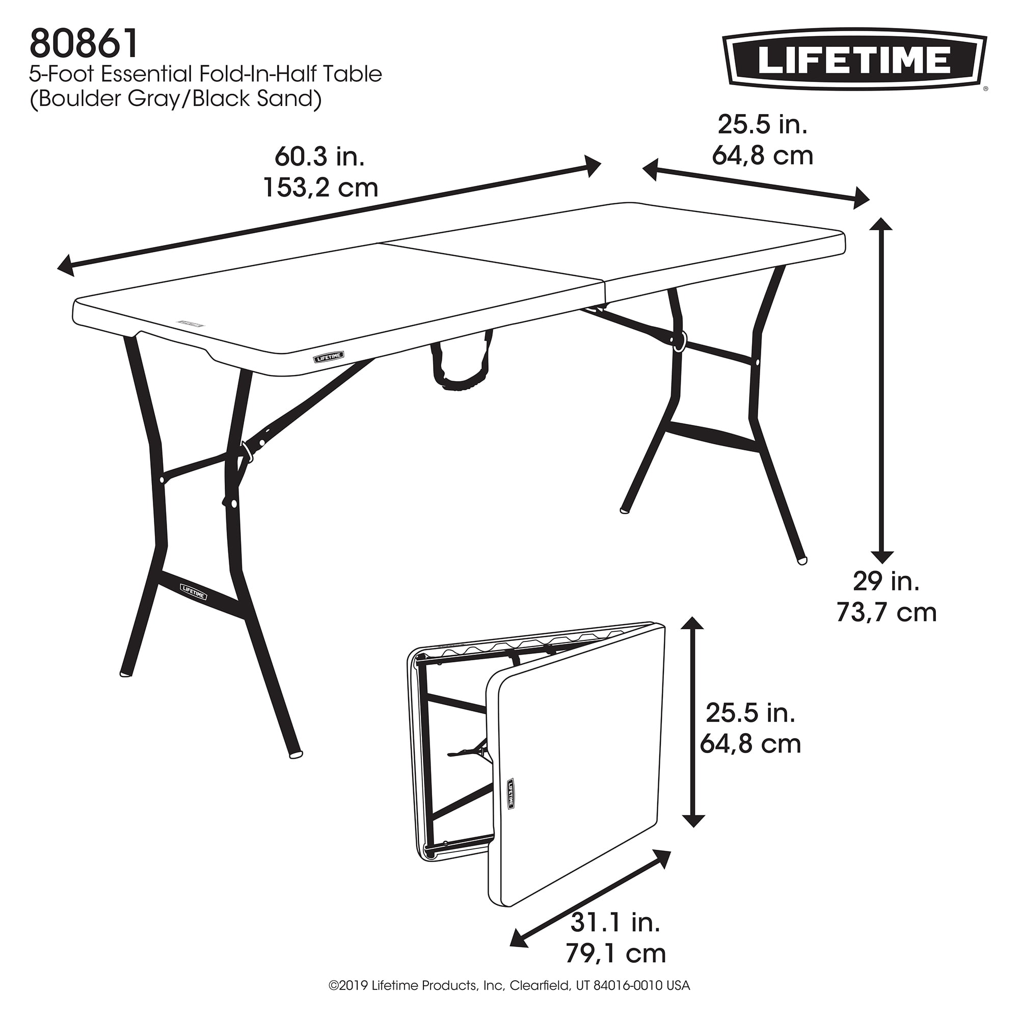 “Lifetime 5-Foot Fold-in-Half Table – Portable Indoor/Outdoor Utility Table for Camping, Events & Tailgating – Gray