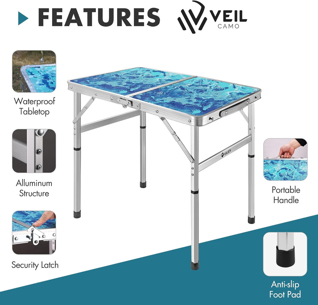 VILLEY Folding Camping Table 2FT, Adjustable Height Portable Aluminum Picnic Table with Carry Handle for Outdoor, BBQ, Beach