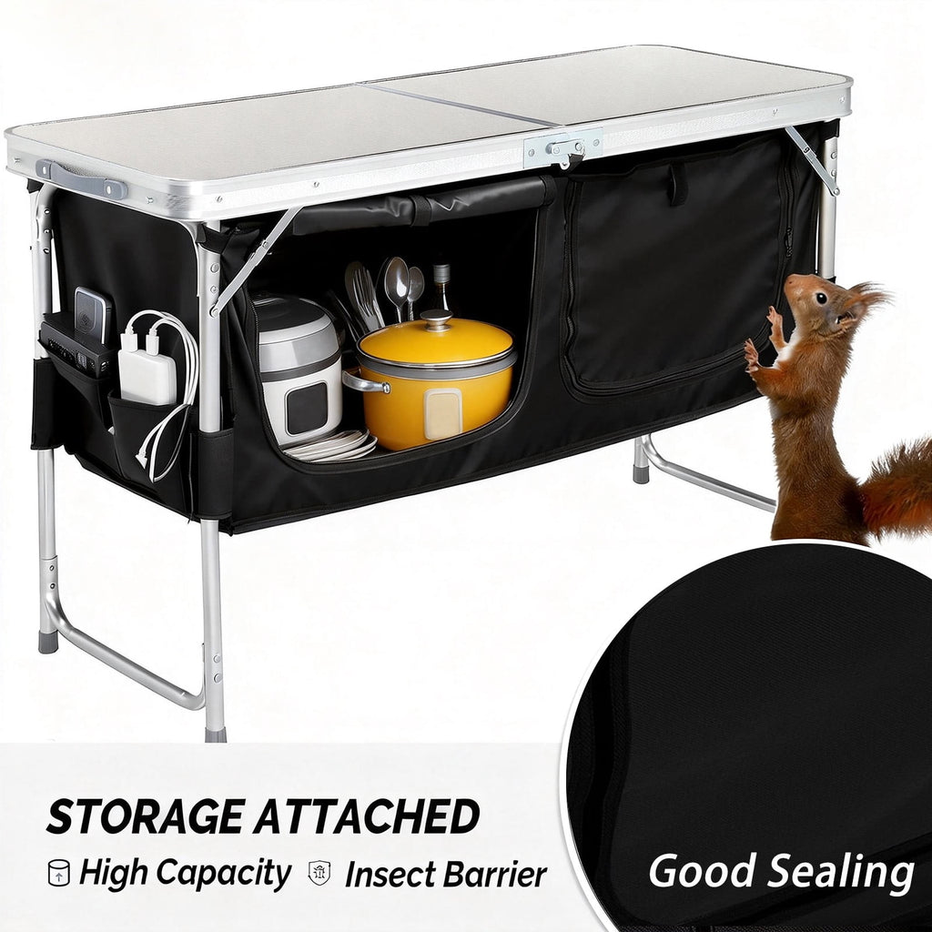 Acpouw 4 ft Folding Camping Table with Storage, Camping Kitchen Station, Aluminum Portable Folding Table Camp Cook Desk with Storage Organizer and 2 Adjustable feet, White