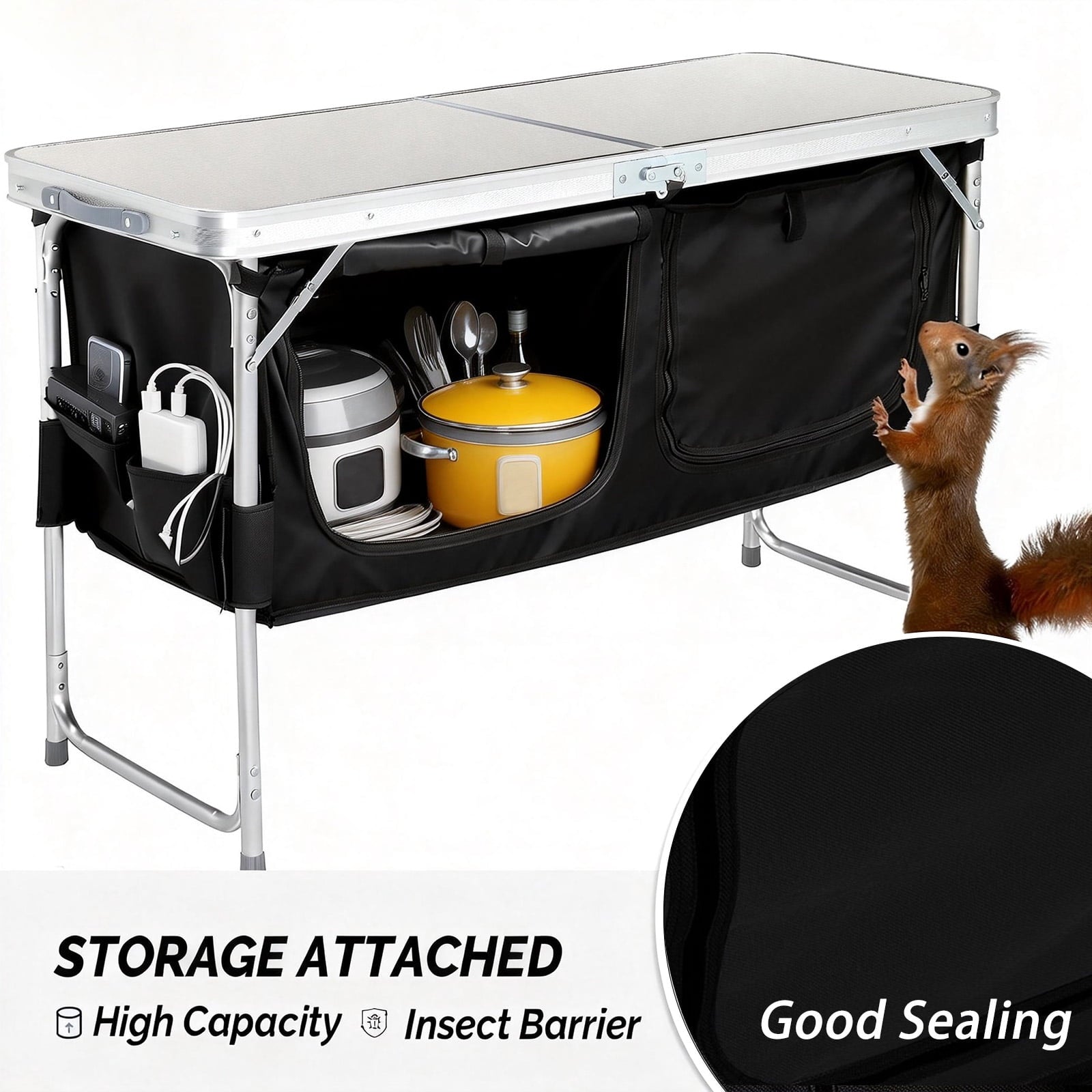 Acpouw 4 ft Folding Camping Table with Storage, Camping Kitchen Station, Aluminum Portable Folding Table Camp Cook Desk with Storage Organizer and 2 Adjustable feet, White