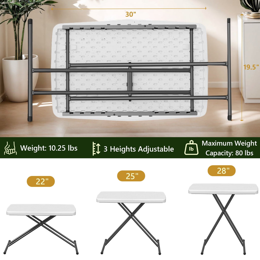 WASUHE 30 Small Folding Table, Height Adjustment Tv Tray Table, Practical Portable Tv Dinner Table for Eating, Sofa, Indoor/Outdoor, White