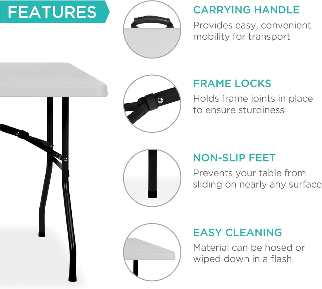 Blorly 6ft Folding Table, Outdoor Indoor Heavy Duty Portable Desk with Carrying Handle for Camping Picnic Party