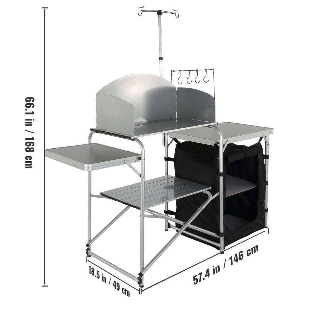 KFFKFF Portable Camp Kitchen, Collapsible Outdoor Chef Station with Storage Bag, Metal Prep Area, Single Cabinet & Removable Wind Guard, Easy Assembly for Camping, Barbecues, RV Trips, Black