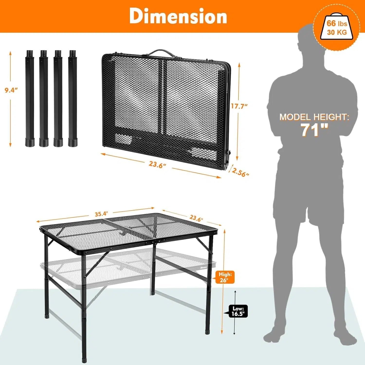 3FT Camping Folding Table with Adjustable Height(16.5/26), Black Metal Mesh Table with Carry Handle, Lightweight Portable Folding Grill Table for Camping Tailgating BBQ Picnic Indoor, up to 66 lbs