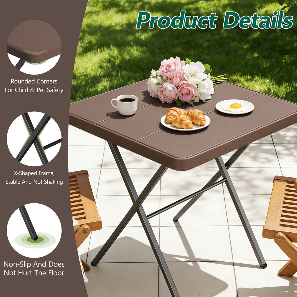 WLLJOY 27 Inch Patio Coffee Folding Table, Firm Utility Square Tea Table, Metal Rust-Proof Frame, for Patio, Garden, Picnic, Outside Portable Brown