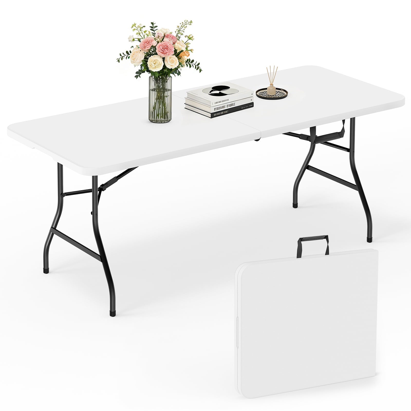 WASUHE Folding Table 4 FT Lightweight Table, Fold-in-Half Plastic Rectangular Table Metal Legs, Easy to Store, Perfect for Party, Dining, Wedding, Events, White
