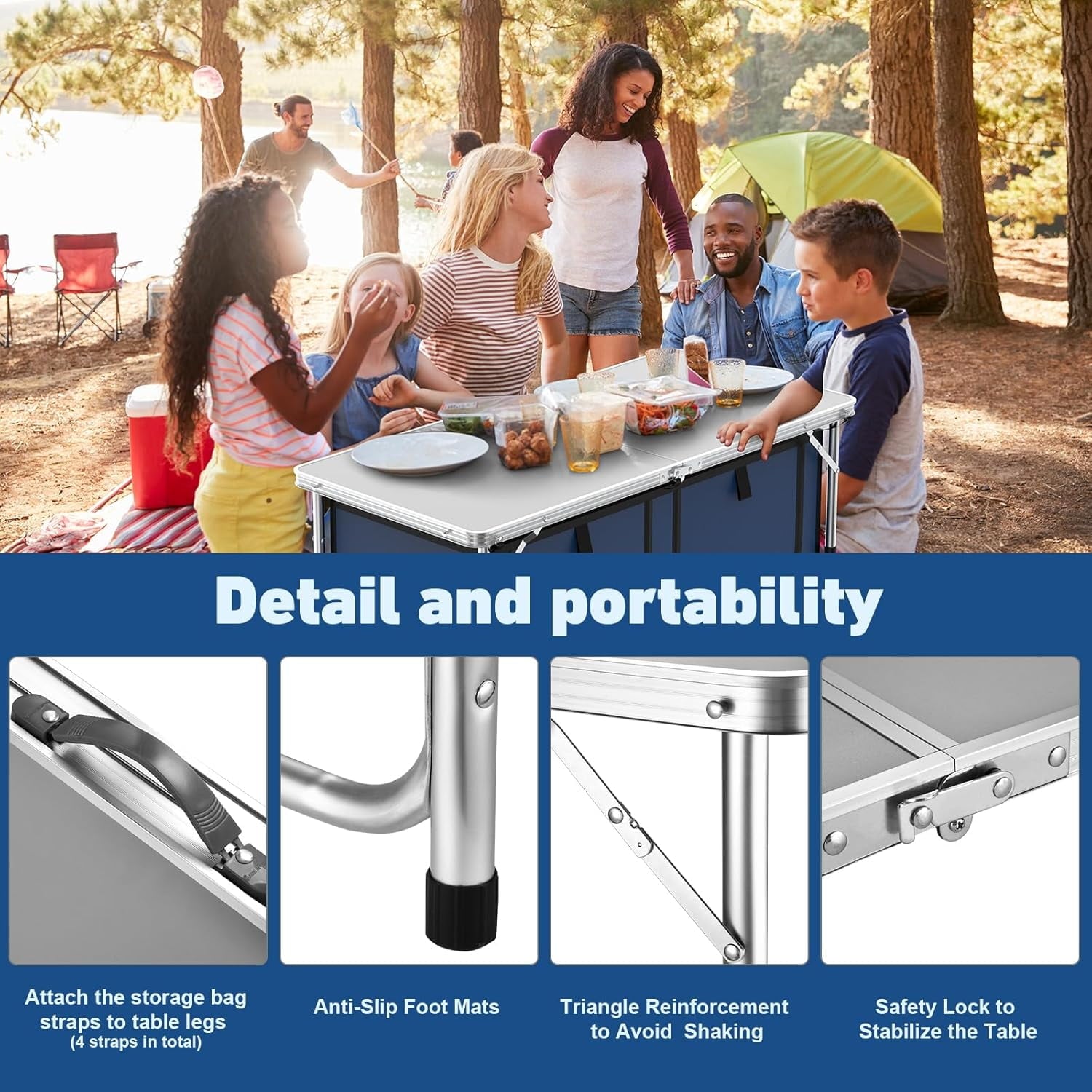 Acpouw 4 ft Folding Camping Table with Storage, Camping Kitchen Station, Aluminum Portable Folding Table Camp Cook Desk with Storage Organizer and 2 Adjustable feet, White