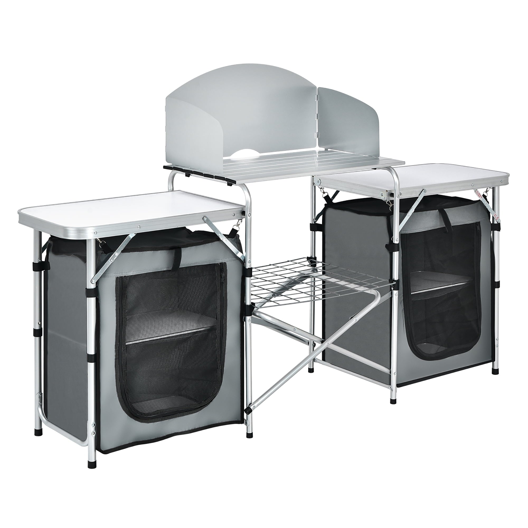 Costway Folding Portable Aluminum Camping Grill Table w/ Storage Organizer Windscreen Grey