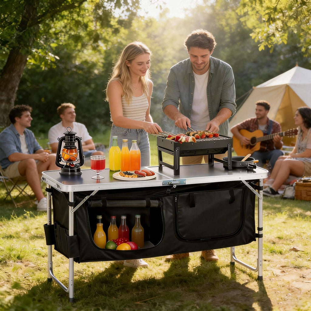 Acpouw 4 ft Folding Camping Table with Storage, Camping Kitchen Station, Aluminum Portable Folding Table Camp Cook Desk with Storage Organizer and 2 Adjustable feet, White